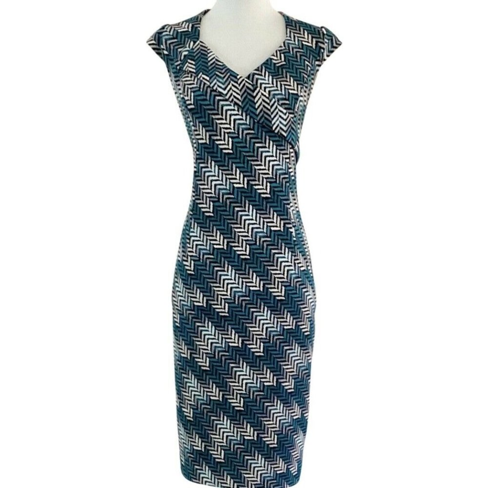 White House Black Market Cap Sleeve V-Neck Cross Bodice Pattern Dress Sz 12 - Picture 1 of 7